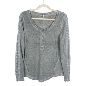 Free People Shell Stitch Lace Long Sleeve Henley Gray Medium